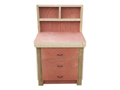 Wooden Eucalyptus Hardwood Top Workbench, Tool Cabinet With Drawers (V.2) With Back Panel