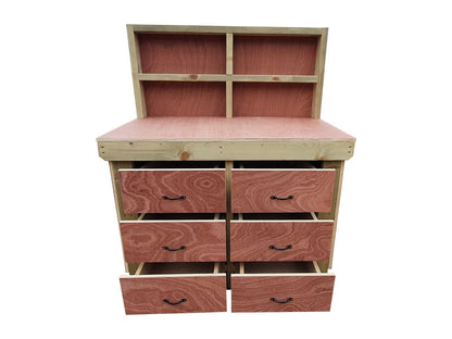 Wooden Eucalyptus Hardwood Top Workbench, Tool Cabinet With Drawers (V.2) With Back Panel