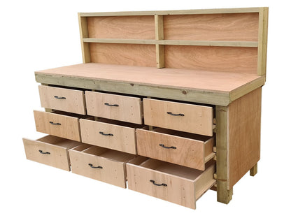 Wooden Eucalyptus Hardwood Top Workbench, Tool Cabinet With Drawers (V.2) With Back Panel