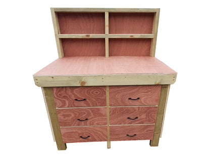 Wooden Eucalyptus Hardwood Top Workbench, Tool Cabinet With Drawers (V.2) With Back Panel