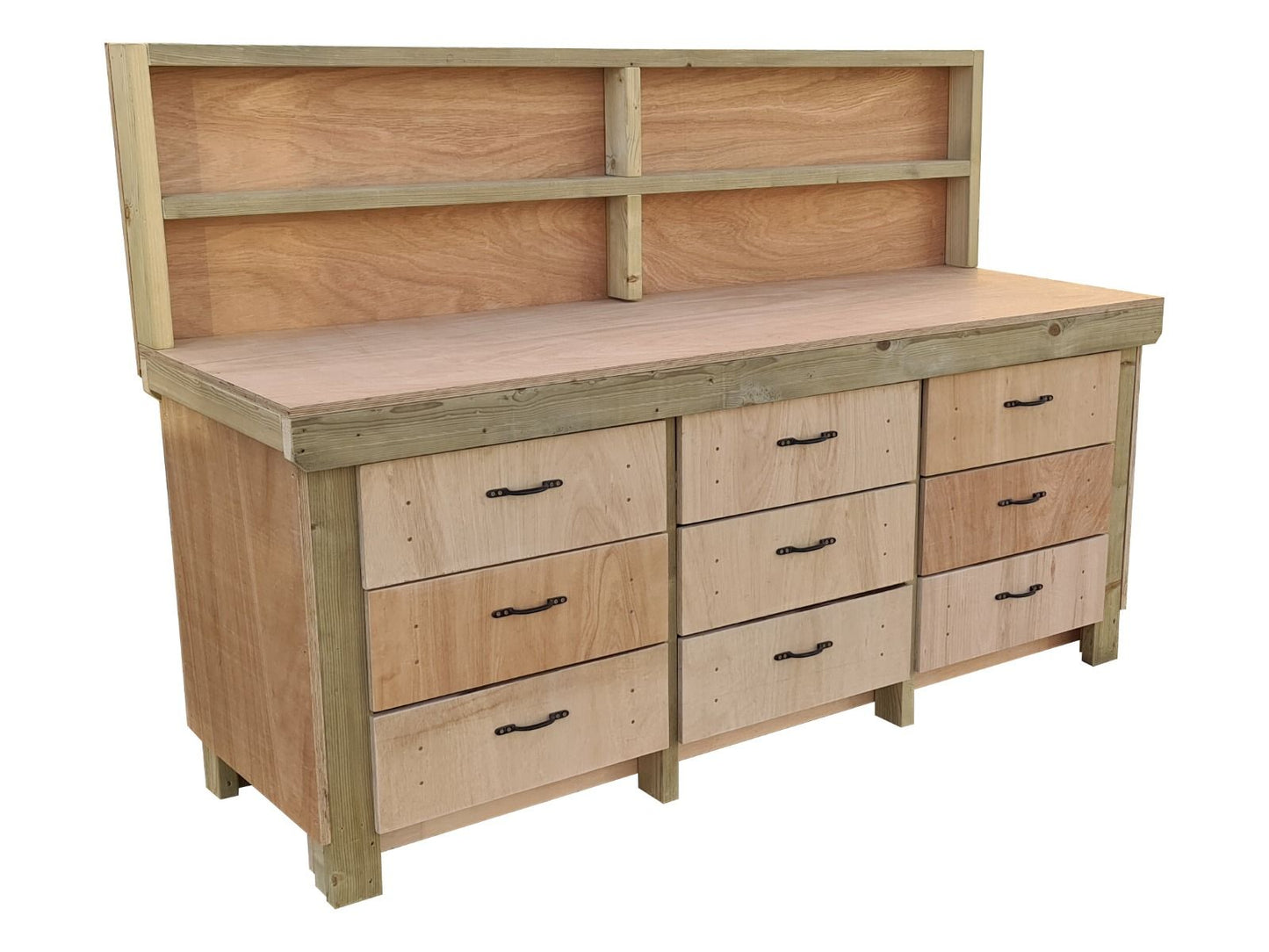 Wooden Eucalyptus Hardwood Top Workbench, Tool Cabinet With Drawers (V.2) With Back Panel
