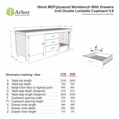 Eucalyptus top workbench with drawers and double lockable cupboard (V.8)
