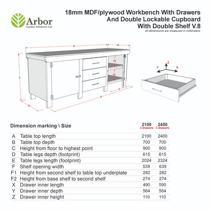 Eucalyptus top workbench with drawers and double lockable cupboard (V.8) with double shelf