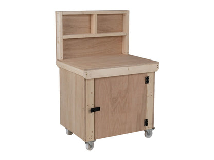 Wooden Eucalyptus hardwood top workbench with lockable cupboard (V.9) with back panel and wheels