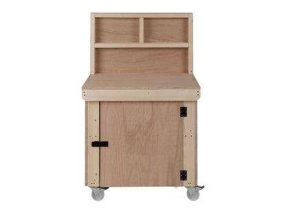 Wooden Eucalyptus hardwood top workbench with lockable cupboard (V.9) with back panel and wheels