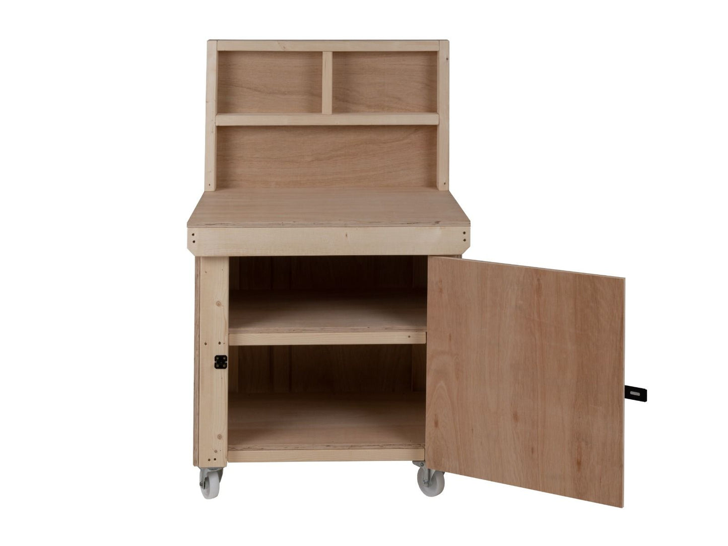 Wooden Eucalyptus hardwood workbench with lockable cupboard (V.9) with back panel, double shelf, wheels