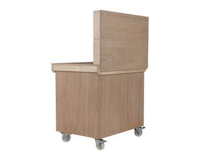 Wooden Eucalyptus hardwood workbench with lockable cupboard (V.9) with back panel, double shelf, wheels
