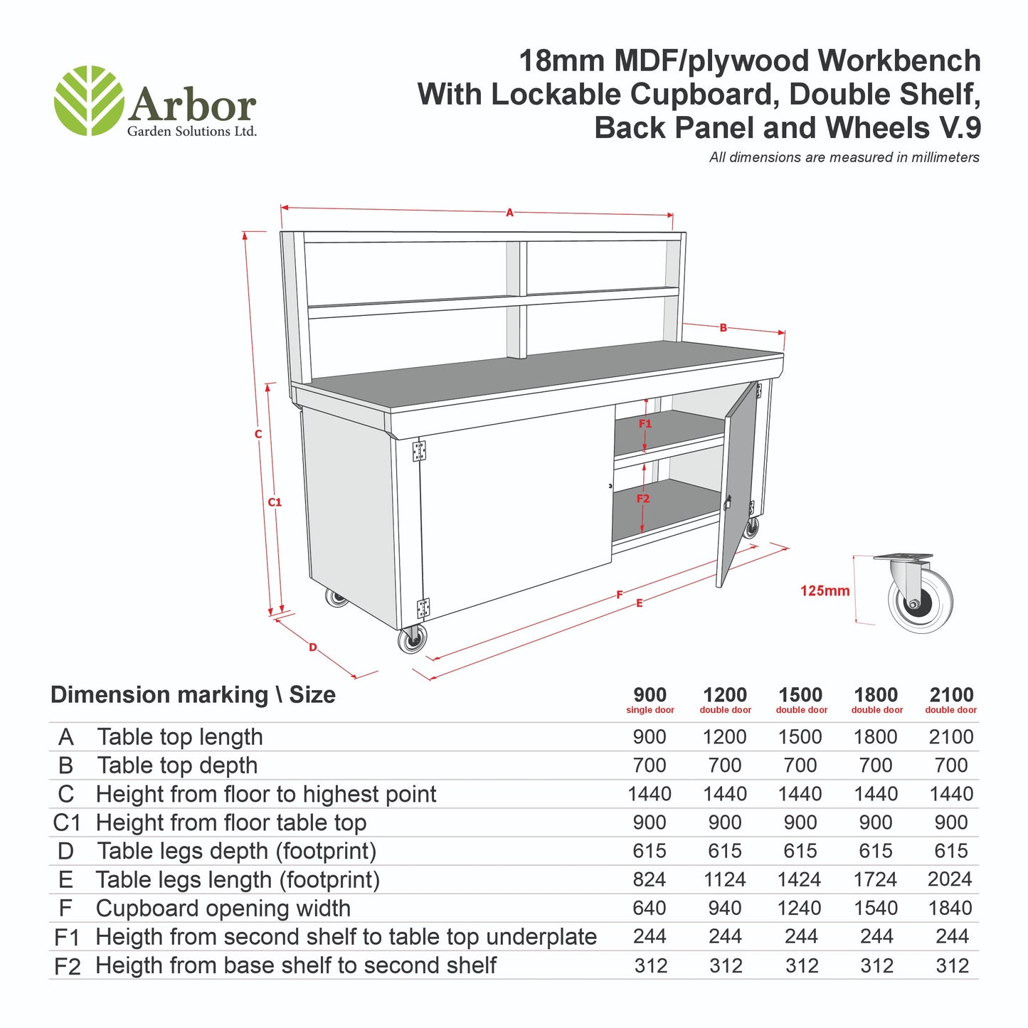 Wooden Eucalyptus hardwood workbench with lockable cupboard (V.9) with back panel, double shelf, wheels