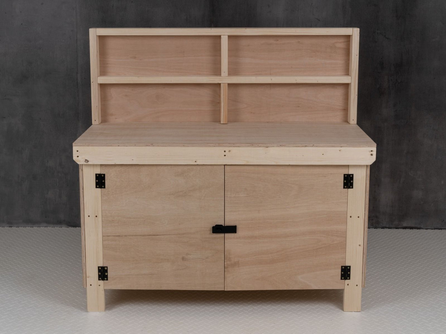 Wooden Eucalyptus hardwood top workbench with lockable cupboard (V.9) with back panel and double shelf
