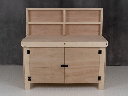 Wooden Eucalyptus hardwood top workbench with lockable cupboard (V.9) with back panel and double shelf