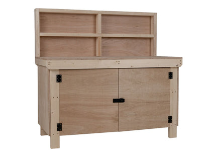 Wooden Eucalyptus hardwood top workbench with lockable cupboard (V.9) with back panel and double shelf