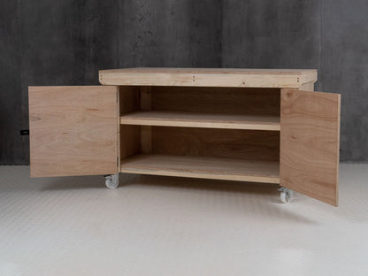 Wooden Eucalyptus hardwood top workbench with lockable cupboard (V.9) double shelf and wheels