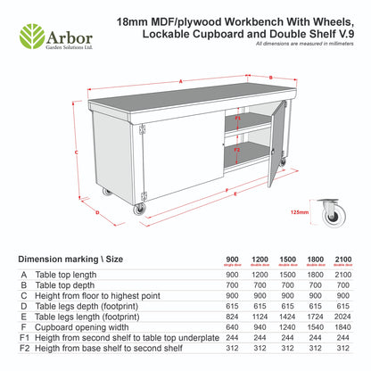 Wooden Eucalyptus hardwood top workbench with lockable cupboard (V.9) double shelf and wheels
