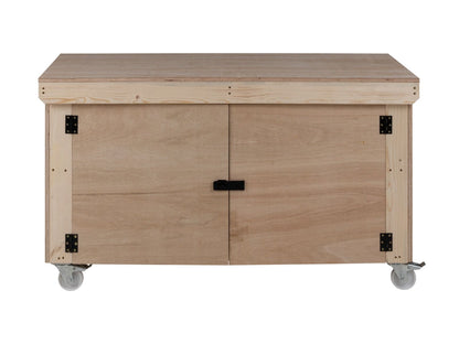 Wooden Eucalyptus hardwood top workbench with lockable cupboard (V.9) double shelf and wheels