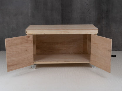 Wooden Eucalyptus hardwood top workbench with lockable cupboard (V.9) with wheels