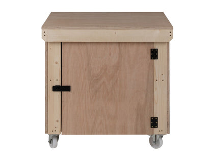 Wooden Eucalyptus hardwood top workbench with lockable cupboard (V.9) with wheels