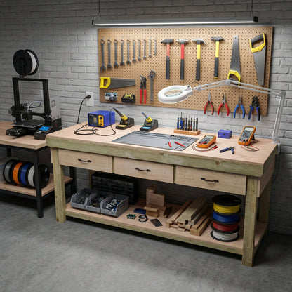 Wooden Eucalyptus hardwood workbench, tool cabinet with drawer (V.1)