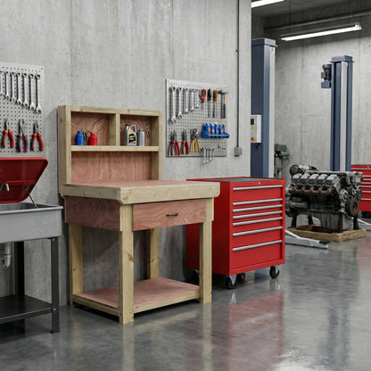 Wooden Eucalyptus hardwood workbench, tool cabinet with drawer (V.1) with back