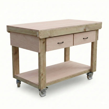 Wooden Eucalyptus hardwood workbench, tool cabinet with drawer (V.1) with wheels