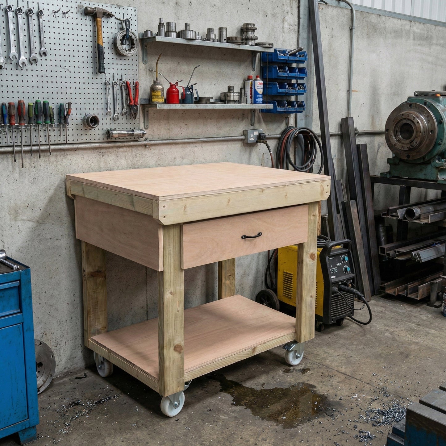 Wooden Eucalyptus hardwood workbench, tool cabinet with drawer (V.1) with wheels