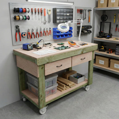 Wooden Eucalyptus hardwood workbench, tool cabinet with drawer (V.1) with wheels