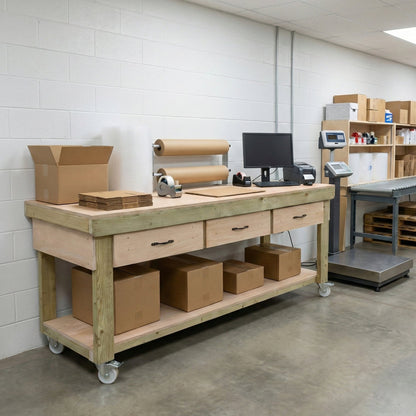 Wooden Eucalyptus hardwood workbench, tool cabinet with drawer (V.1) with wheels