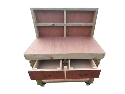 Wooden Eucalyptus hardwood workbench, tool cabinet with drawer (V.1) with back and wheels