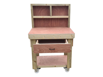 Wooden Eucalyptus hardwood workbench, tool cabinet with drawer (V.1) with back and wheels
