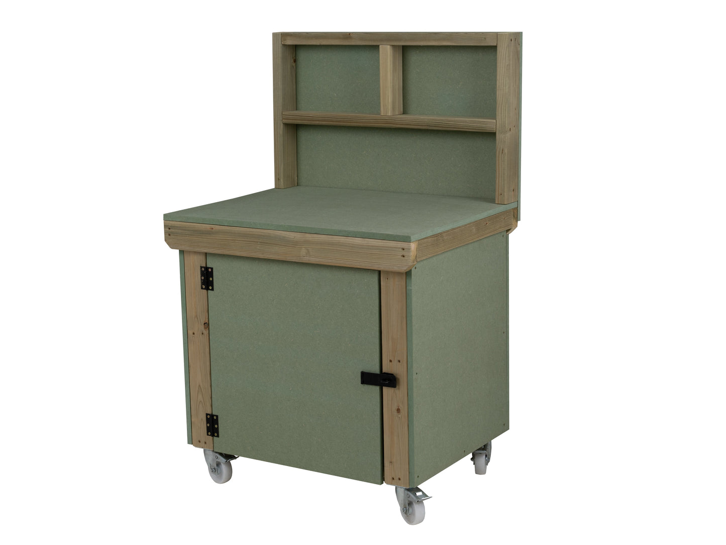 Wooden UniMDF Moisture Resistant Workbench With Lockable Cupboard (V.9) With Back panel, Wheels, Double shelf