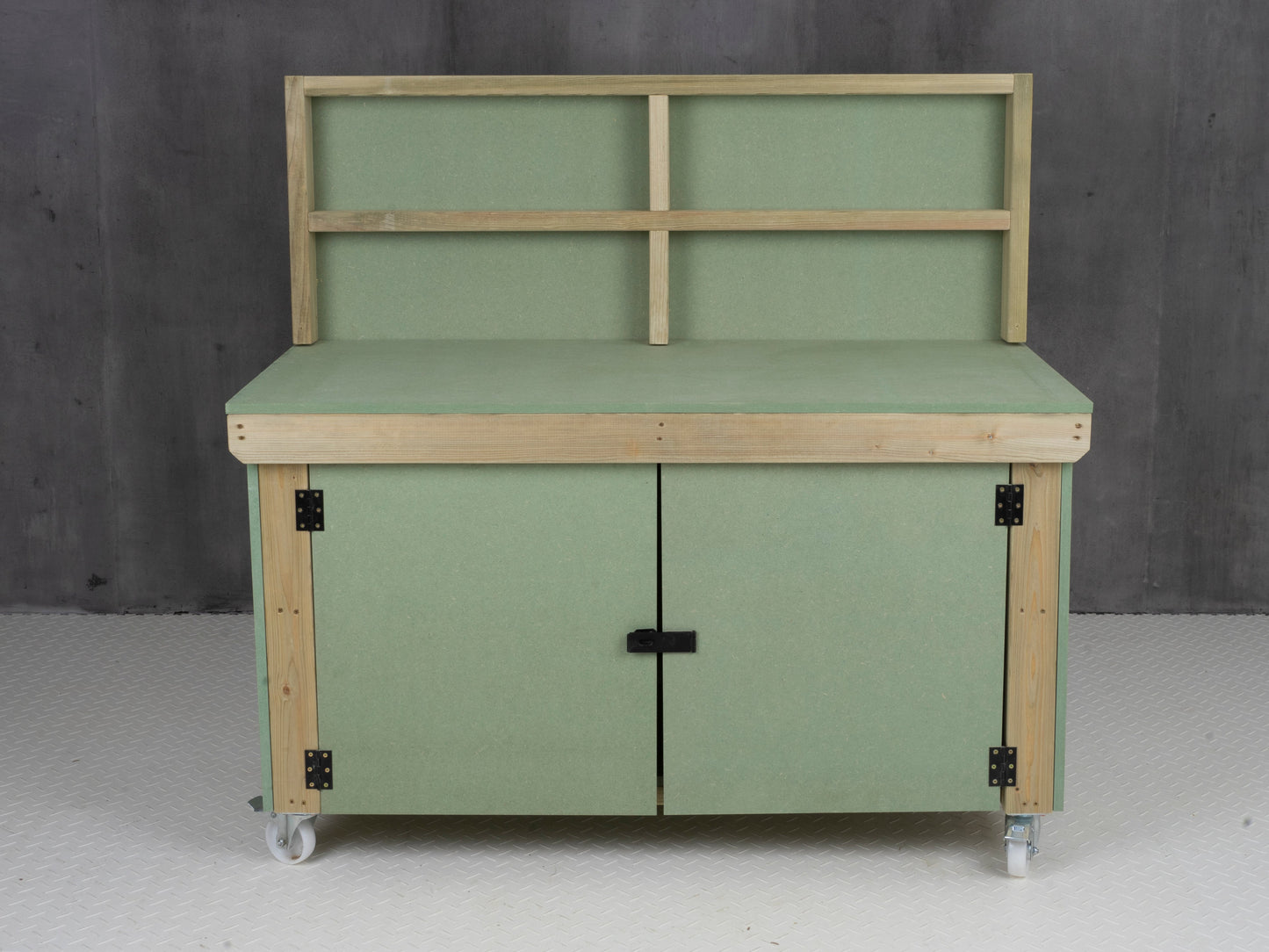 Wooden UniMDF Moisture Resistant Workbench With Lockable Cupboard (V.9) With Back panel, Wheels