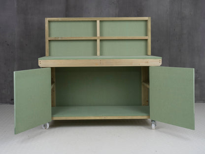 Wooden UniMDF Moisture Resistant Workbench With Lockable Cupboard (V.9) With Back panel, Wheels