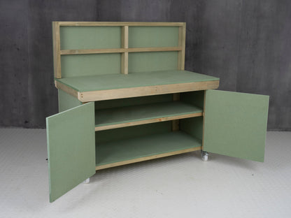 Wooden UniMDF Moisture Resistant Workbench With Lockable Cupboard (V.9) With Back panel, Wheels, Double shelf