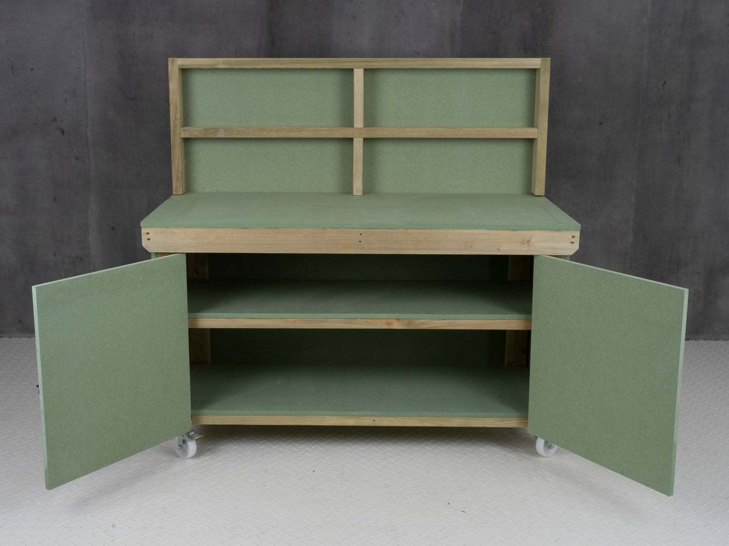 Wooden UniMDF Moisture Resistant Workbench With Lockable Cupboard (V.9) With Back panel, Wheels, Double shelf