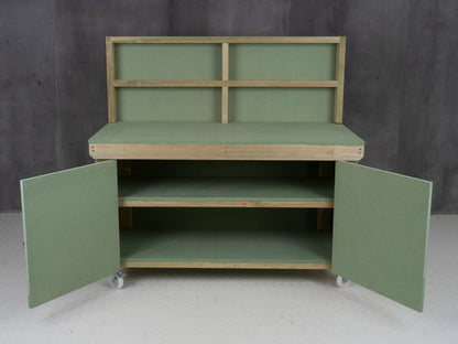 Wooden UniMDF Moisture Resistant Workbench With Lockable Cupboard (V.9) With Back panel, Wheels, Double shelf
