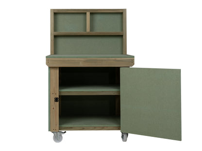 Wooden UniMDF Moisture Resistant Workbench With Lockable Cupboard (V.9) With Back panel, Wheels, Double shelf