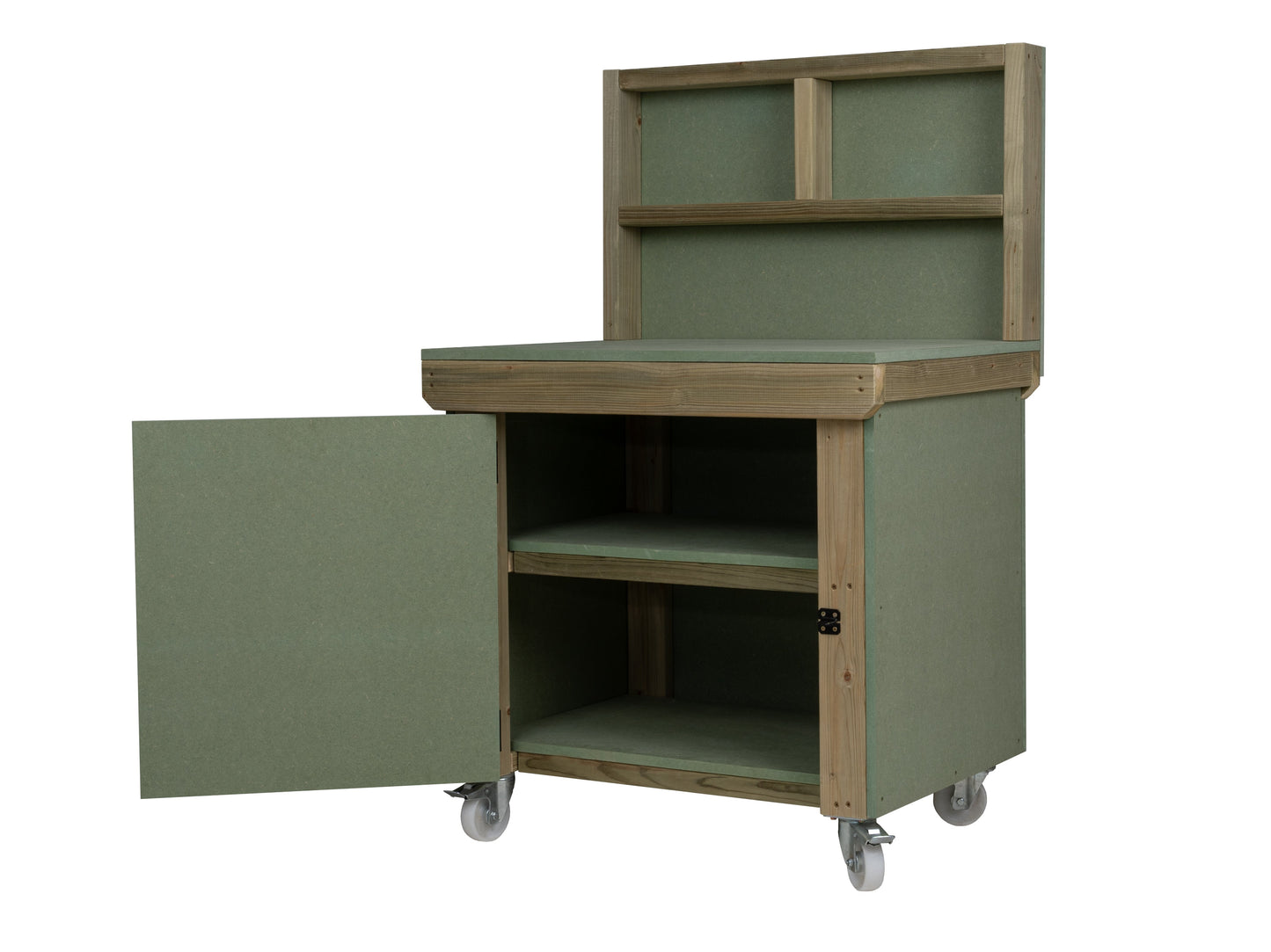 Wooden UniMDF Moisture Resistant Workbench With Lockable Cupboard (V.9) With Back panel, Wheels, Double shelf