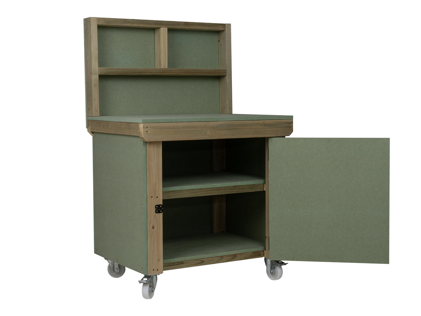 Wooden UniMDF Moisture Resistant Workbench With Lockable Cupboard (V.9) With Back panel, Wheels, Double shelf