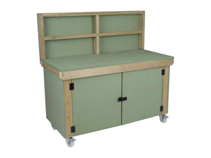 Wooden UniMDF Moisture Resistant Workbench With Lockable Cupboard (V.9) With Back panel, Wheels, Double shelf