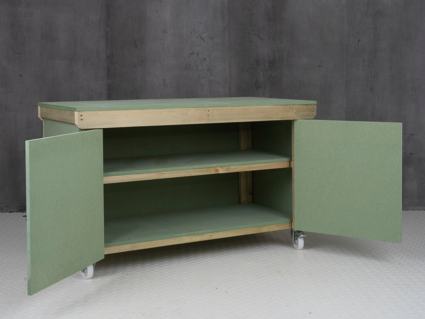 Wooden UniMDF Moisture Resistant Workbench With Lockable Cupboard (V.9) With Wheels, Double Shelf