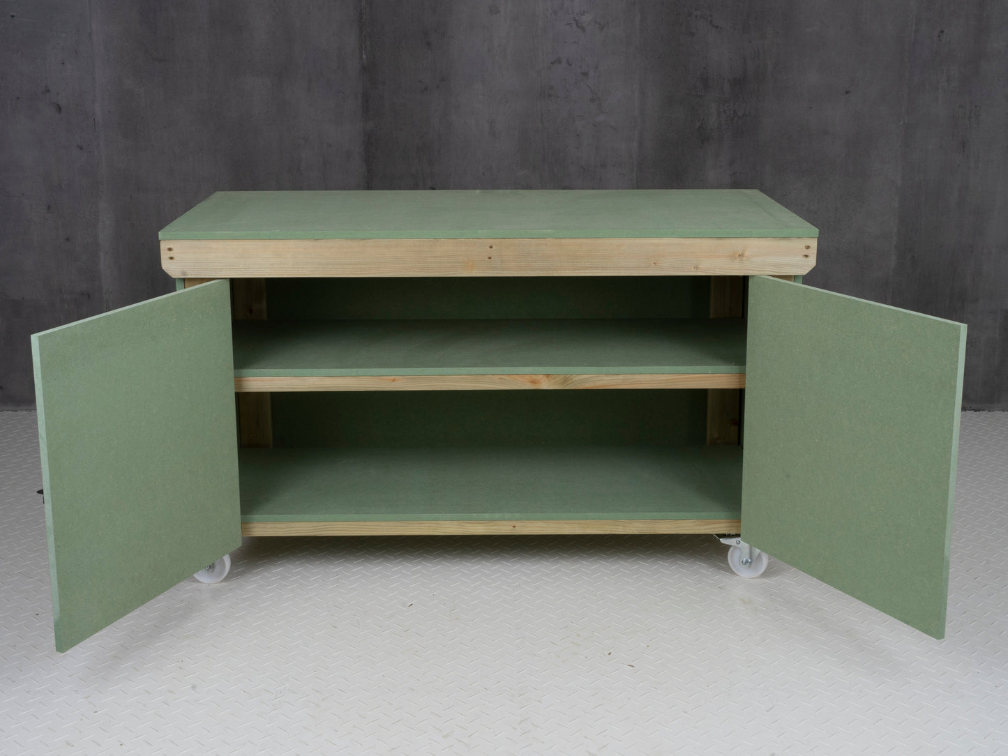 Wooden UniMDF Moisture Resistant Workbench With Lockable Cupboard (V.9) With Wheels, Double Shelf