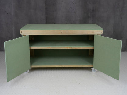 Wooden UniMDF Moisture Resistant Workbench With Lockable Cupboard (V.9) With Wheels, Double Shelf