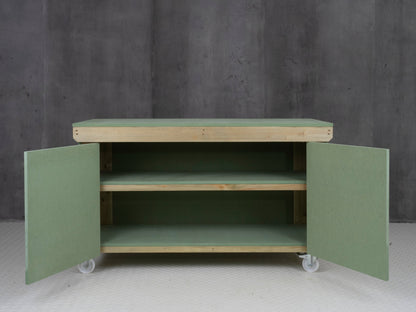 Wooden UniMDF Moisture Resistant Workbench With Lockable Cupboard (V.9) With Wheels, Double Shelf