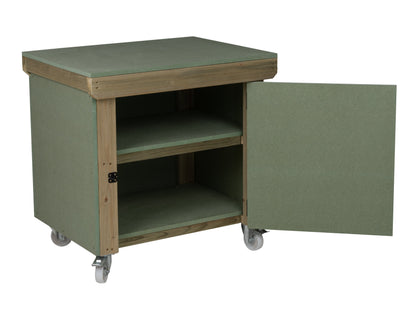Wooden UniMDF Moisture Resistant Workbench With Lockable Cupboard (V.9) With Wheels, Double Shelf