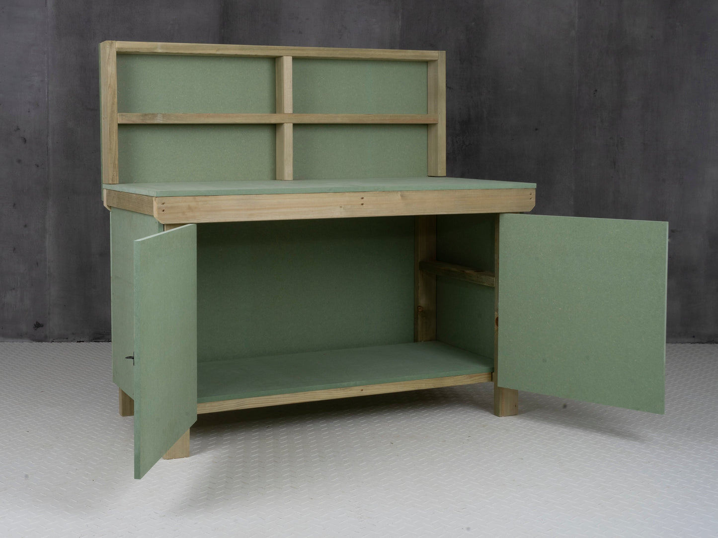Wooden UniMDF Moisture Resistant Workbench With Lockable Cupboard (V.9) With Back panel