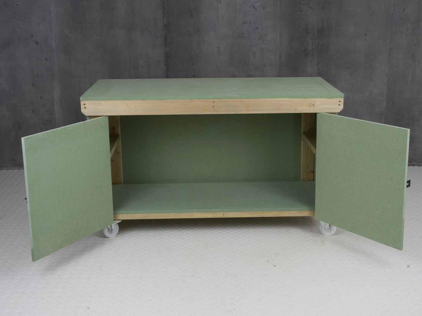 Wooden UniMDF Moisture Resistant Workbench With Lockable Cupboard (V.9) With Wheels