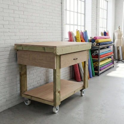 Wooden Eucalyptus hardwood workbench, tool cabinet with drawer (V.1) with wheels