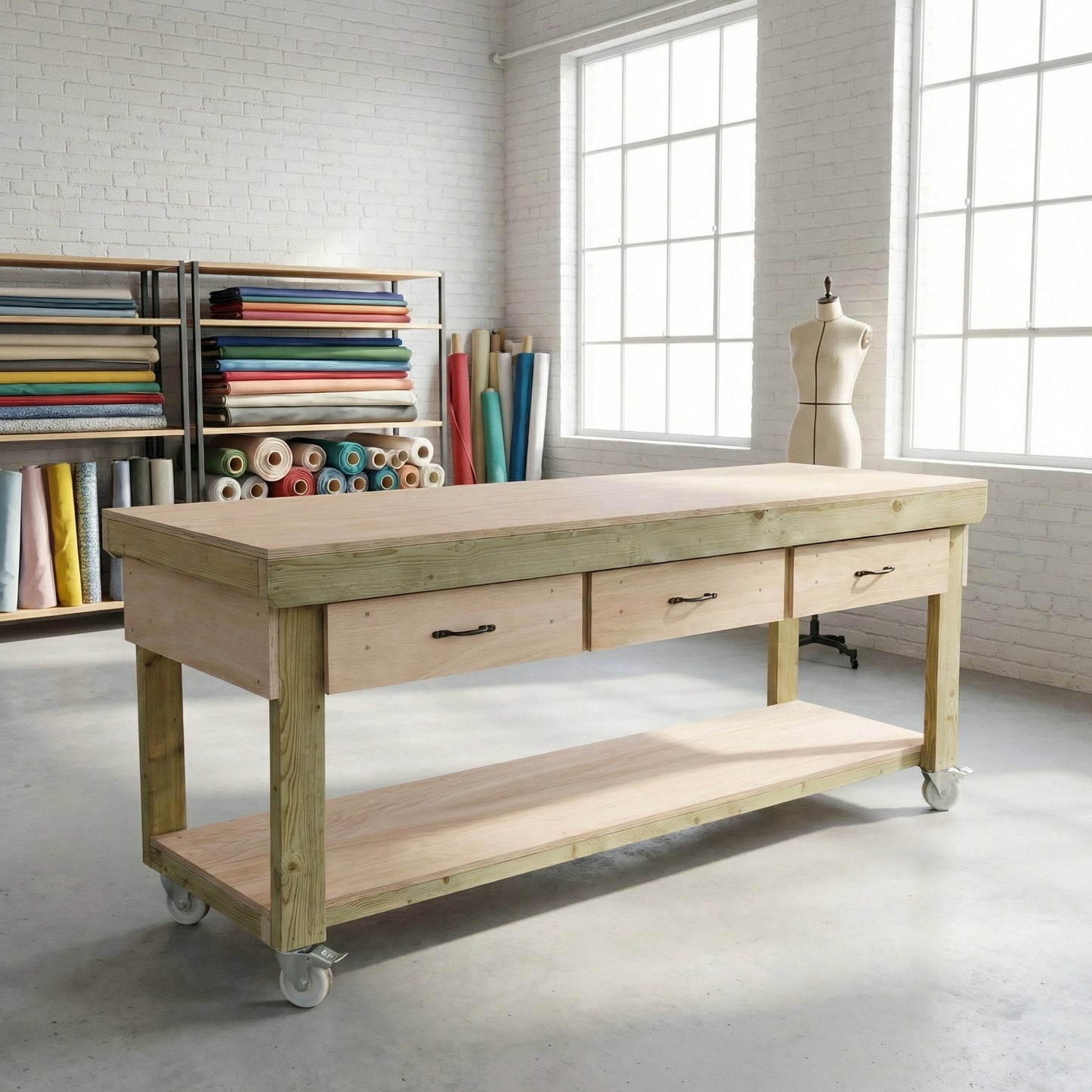 Wooden Eucalyptus hardwood workbench, tool cabinet with drawer (V.1) with wheels