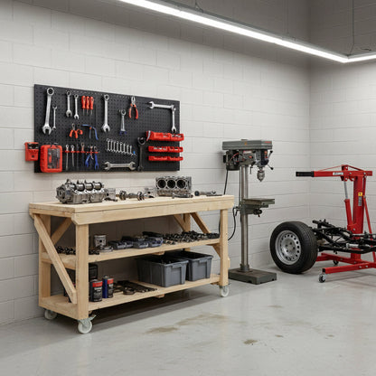Acorn Wooden Workbench With Double Shelf and Wheels