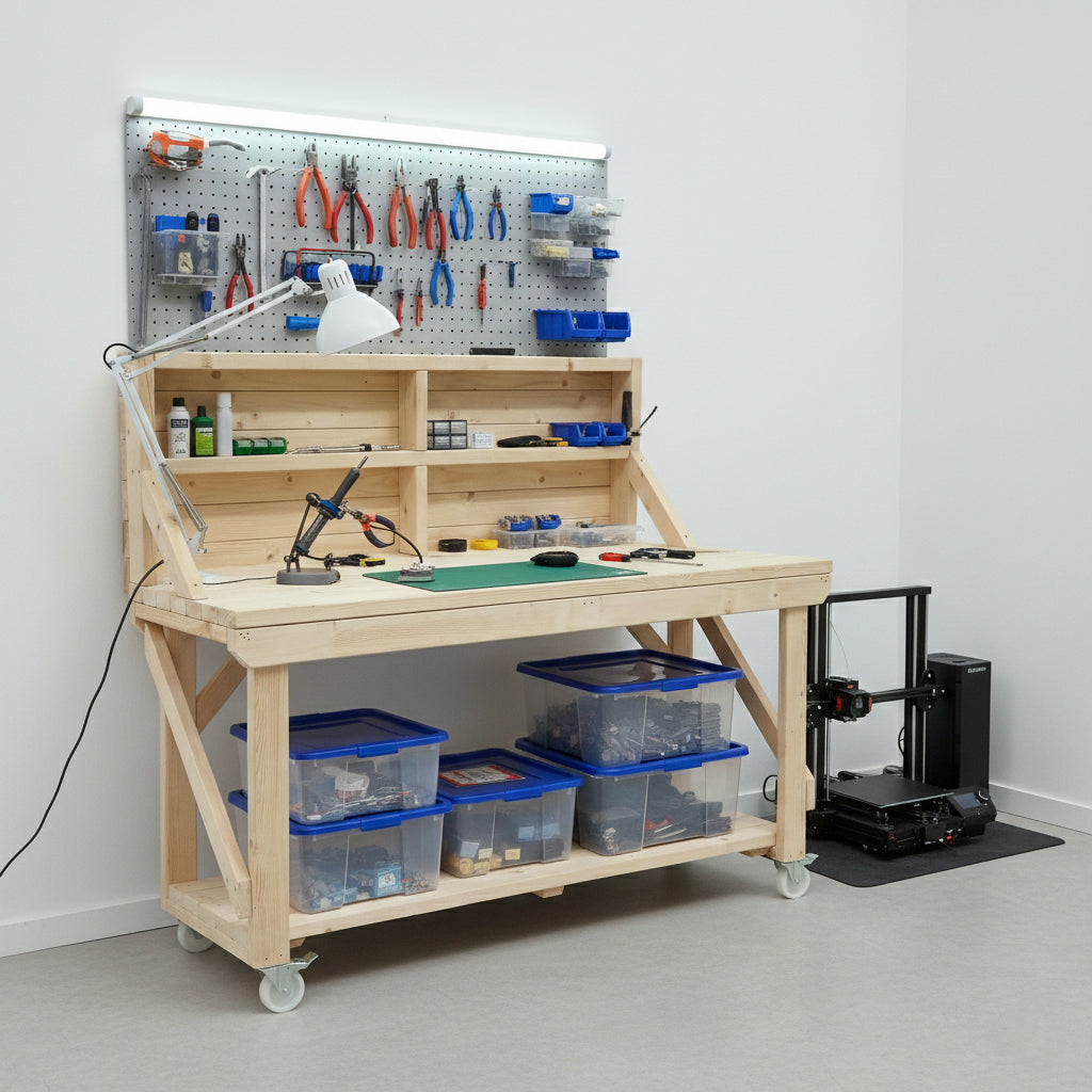 Acorn Wooden Workbench With Back Panel and Wheels