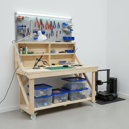 Acorn Wooden Workbench With Back Panel and Wheels